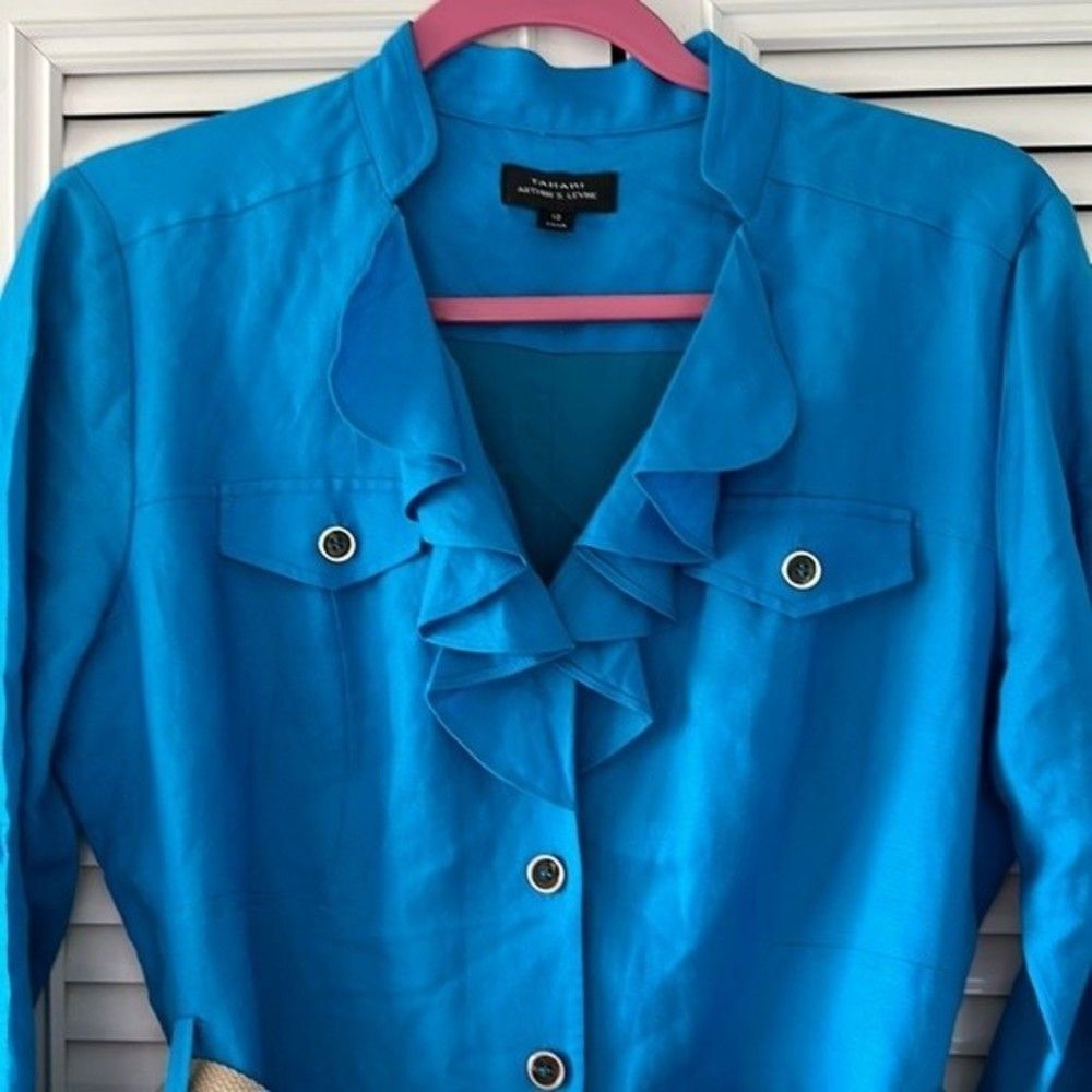 Tahari Arthur S Levine Blue Linen Blend Ruffle Neck Dress Size 12 - Picture 7 of 7